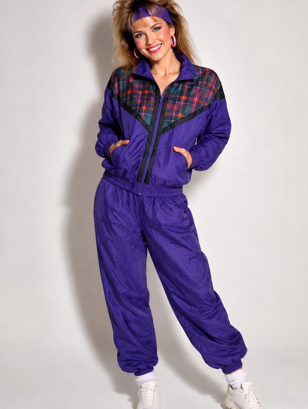 Vtg 80s Nylon Windsuit 2 Piece Jog Suit Zip Up Jacket With Plaid Pull On Pants M